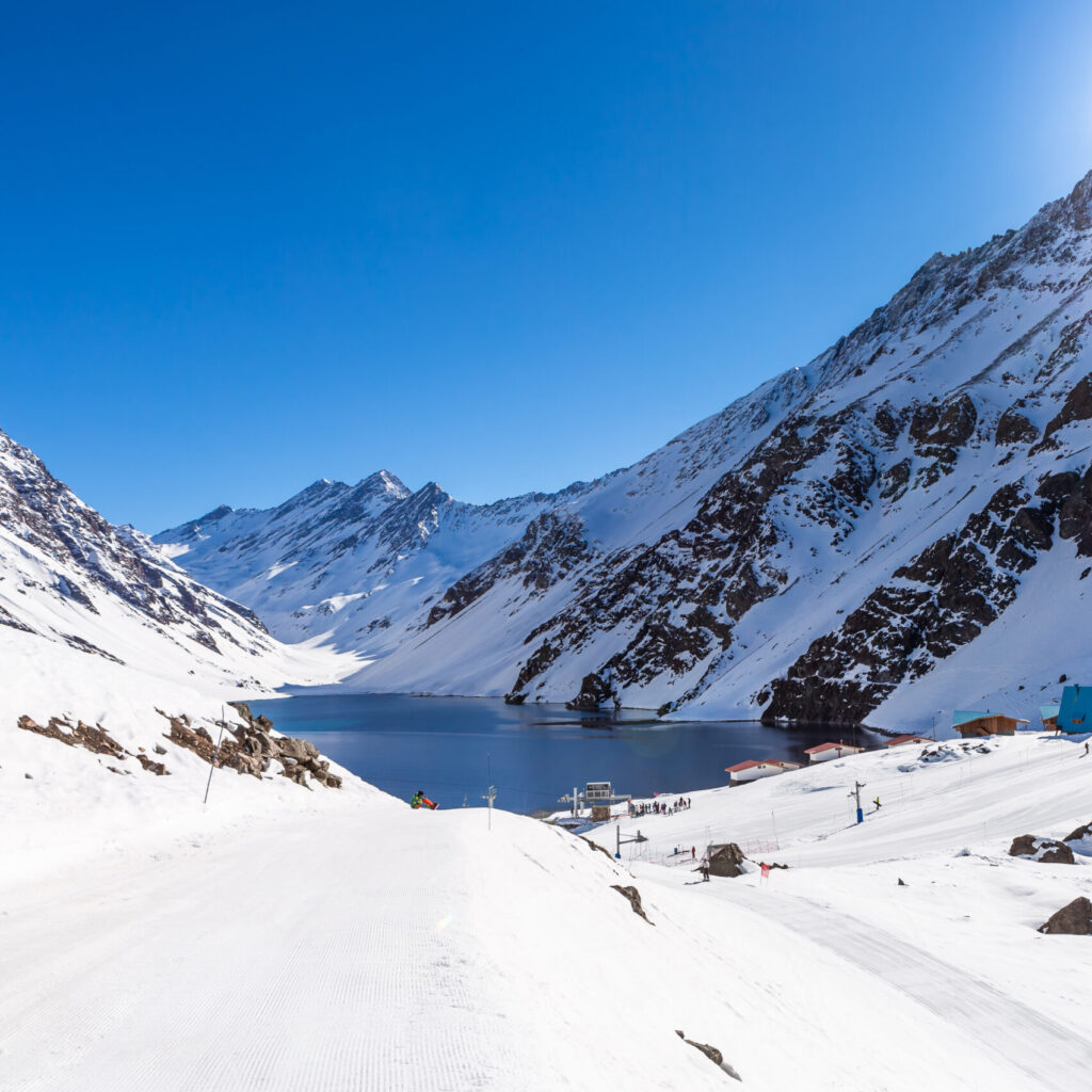 ski in chile on a sunny day with lots of snow. South America.