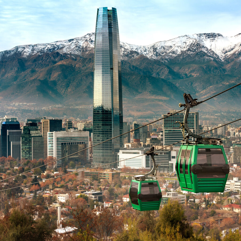 Cable car in San Cristobal hill, overlooking a panoramic view of Santiago de Chile